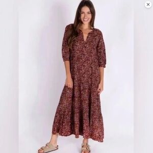 Natural Life Sage Tiered Maxi Dress S Floral Brown Boho Peasant Prairie Easter